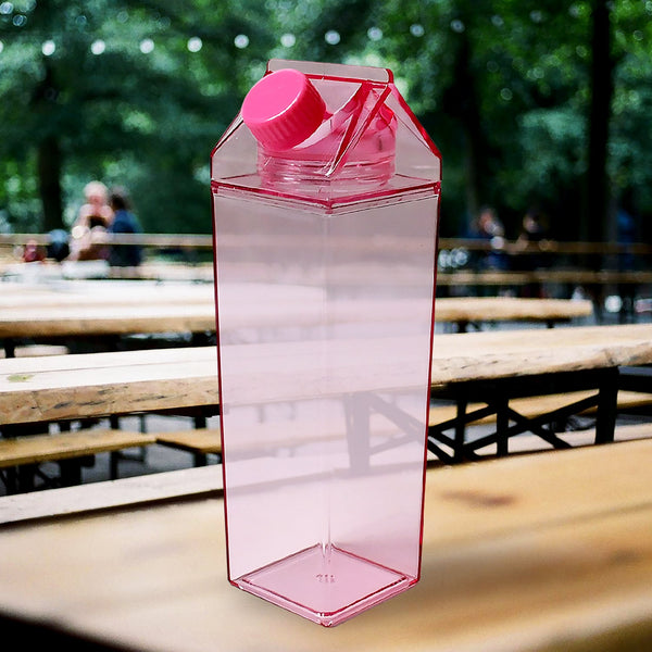 Plastic Milk Carton Colorful Clear Water Bottle, 17 Oz Portable Milk Box Leakproof Square Juice Bottle for Outdoor Sports Travel Camping