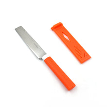 Knife with stainless steel blade, non-slip handle, and included blade cover.