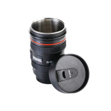 Camera lens shaped mug with lid, perfect for beverages