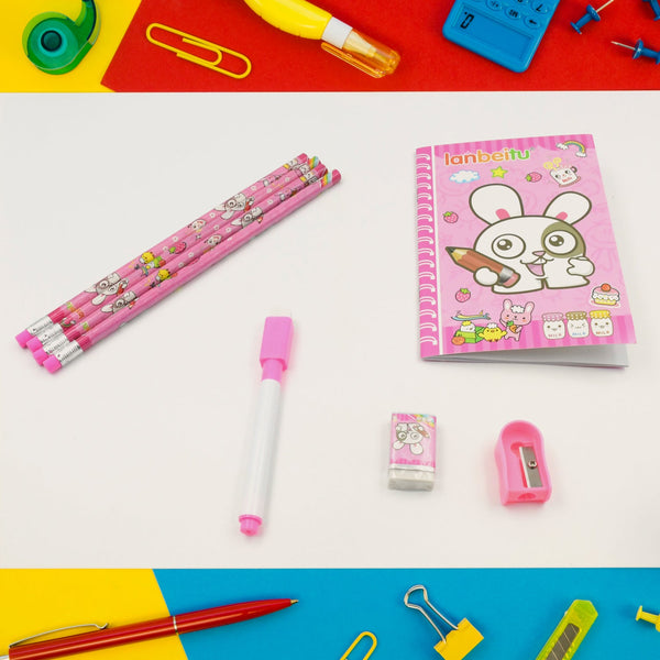 Kids' stationery kit with wooden pencils, sharpener, and eraser.