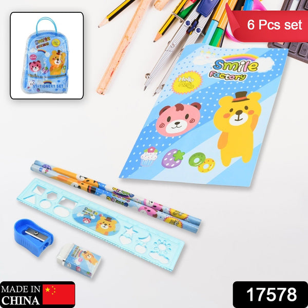 Stationery Kit for Kids - Stationery Set, Includes Wooden Pencil, Sharpener, Pencil and Eraser Set, Birthday Return Gift for Kids, Boys, Girls, 2 Pencil, 1 Scale, 1 Notebook,1 Sharpener, 1 Eraser & With Zip Bag (6 Pcs Set)