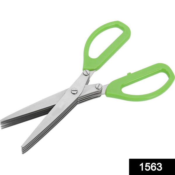 Close-up of stainless steel herb scissors with multiple blades