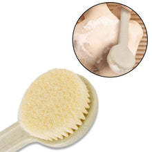 Long handle body brush with soft bristles for dry brushing.